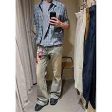 美式高街流星锤裤链刺绣半松紧牛仔裤男女同款宽松直筒微喇休闲裤，男装休闲裤，星座601-1