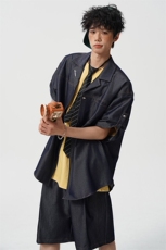 8XL-M夏季简约高级感冰丝牛仔古巴领男休闲痞帅宽松套装潮TZ109，男装休闲套装，电商D206-1