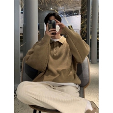 白色polo领毛衣男款秋冬季新款港风复古日系重磅慵懒风翻领针织衫，男装针织衫/毛衣，星座706-2