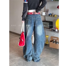 复古蓝牛仔裤女秋冬2025新款阔腿工装裤美式高街多口袋直筒休闲裤，男装牛仔裤，星座506A