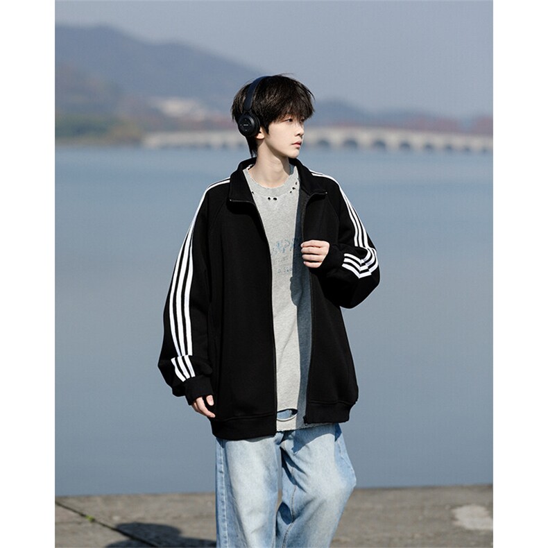 8XL-M三条杠运动卫衣特大码美式条纹立领夹克开衫外套JK5205/P65,男装夹克,电商B238