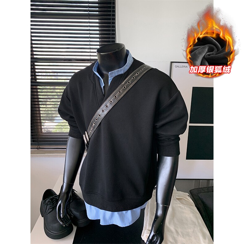 重磅华棉420g条纹V领假两件银狐绒宽松卫衣W5431J加绒-特P50控98,男装卫衣,电商A001-1