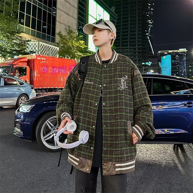 秋季chic格子刺绣棒球服外套男生春秋款情侣帅气休闲夹克 JK68图片
