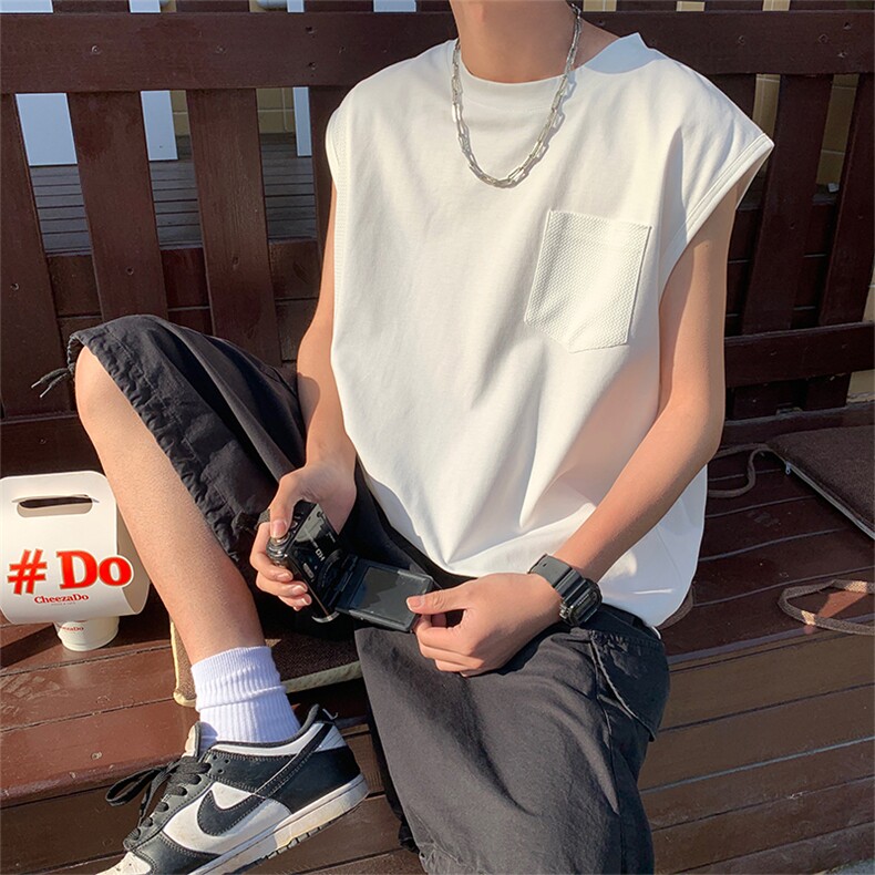 X5016-TP35控价48夏季新款拼接背心无袖T恤男生宽松潮流坎肩,男装T恤,电商A102-1