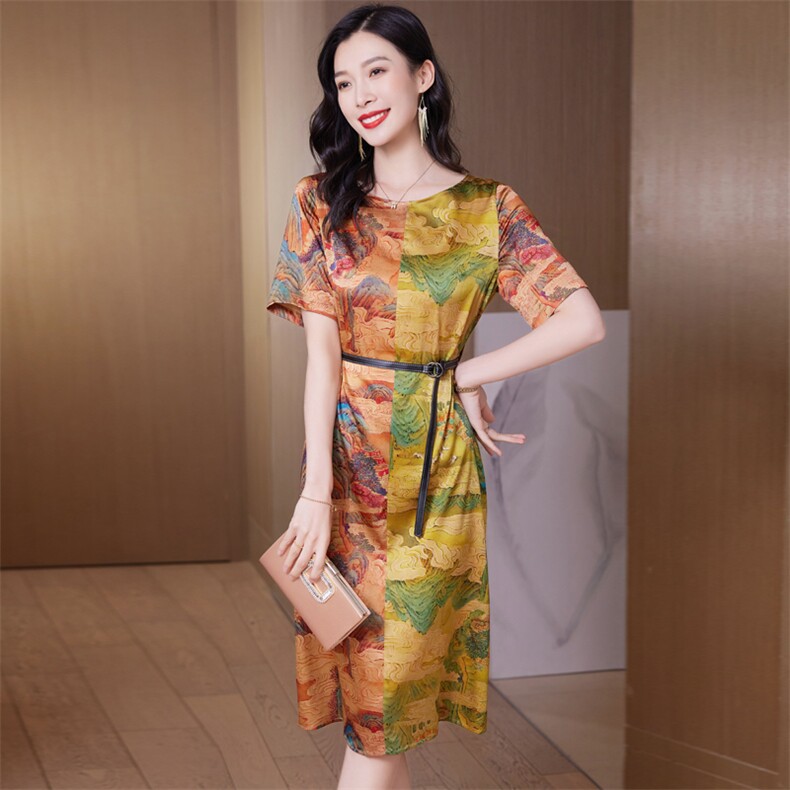 高端遮肚子印花真丝连衣裙女2026夏季新款妈妈宽松显瘦真丝裙子，女装连衣裙，阿舍尔精品