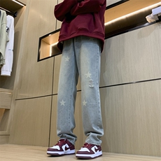 美式hiphop纯色星星装饰修身直筒牛仔裤，男装牛仔裤，星座310A-4