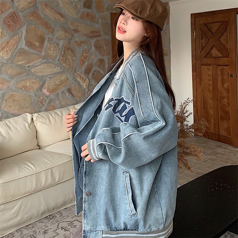 美式街头棒球服女春秋设计感潮牌复古牛仔外套宽松夹克NZ014-75,男装工装外套,星座911-3
