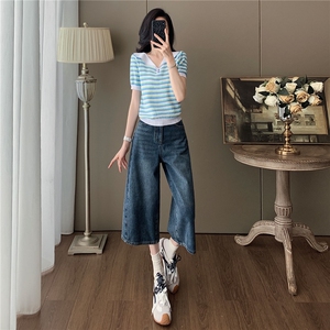 女夏新款时尚套装宽松显瘦娃娃领条纹冰丝短袖上衣牛仔中裤两件套