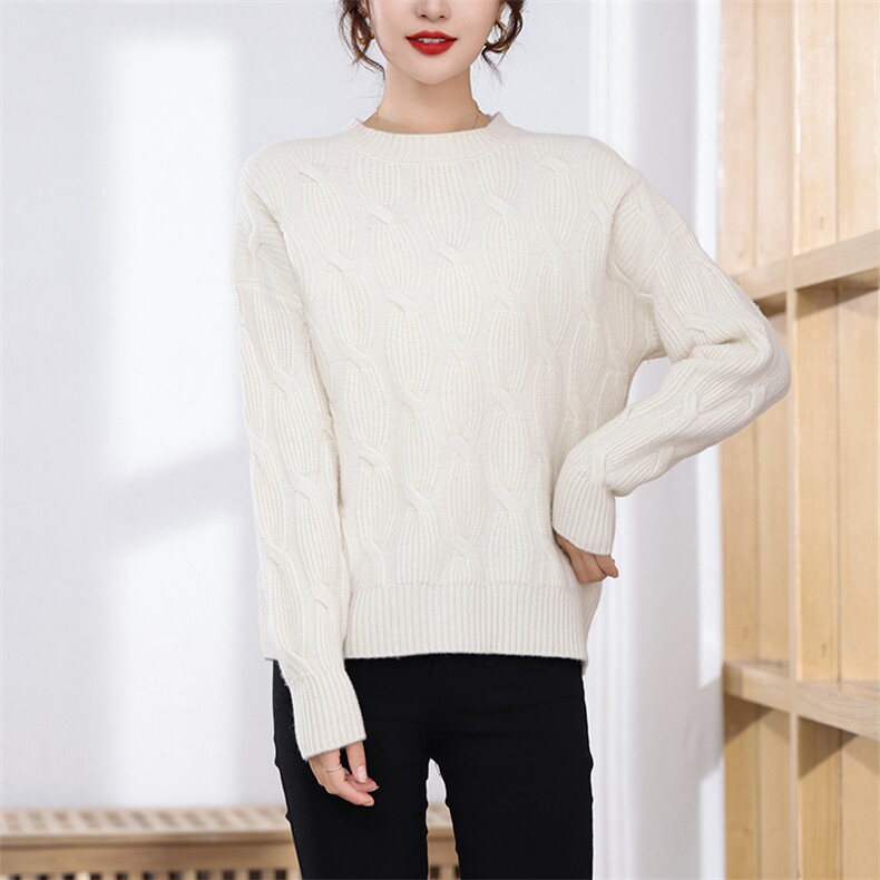 羊毛圆领绞花女士短款毛衣女秋冬新品,女装羊毛衫,飞艺羊绒
