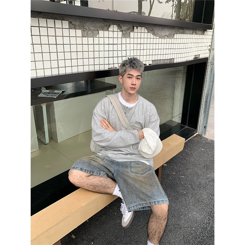 P10-P51秋冬美式复古假两件半开衫设计感长袖t恤男女针织,男装T恤,电商B323A