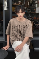 已做版权现货新中式棉麻书法宽松亚麻大码短袖男MT23-P35控58，男装T恤，星座205-5