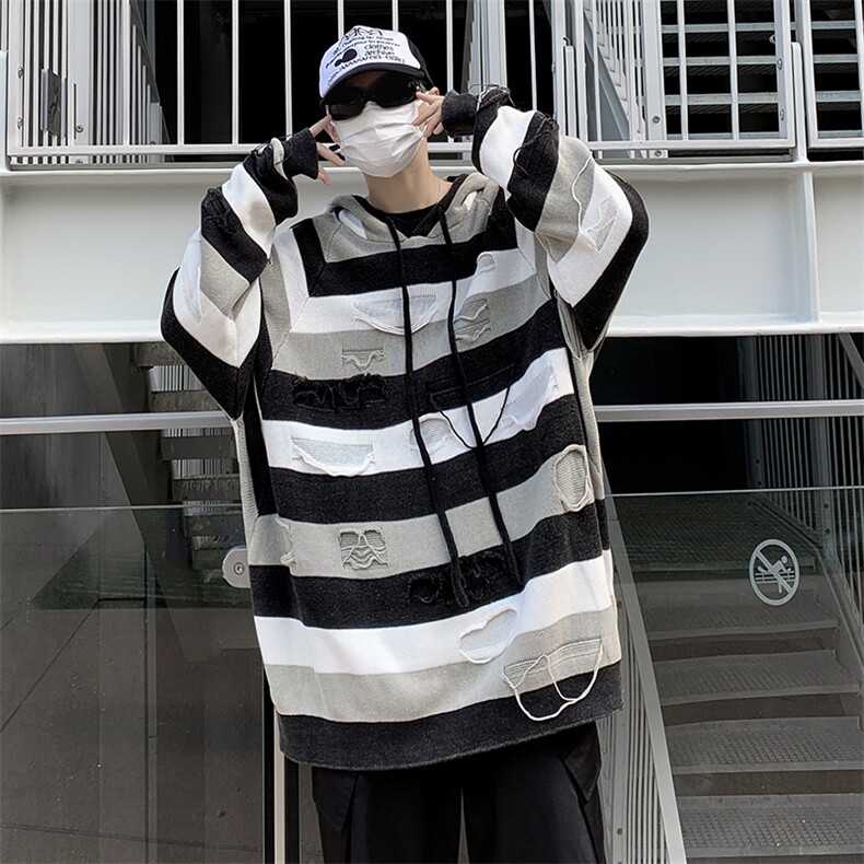 港风秋款男连帽卫衣条纹拼色破洞款休闲外套WY615P55,男装卫衣,星座1013-1
