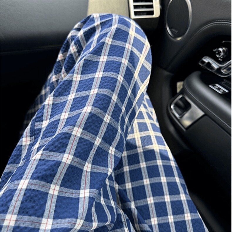 美式高街潮牌男女泡泡格子休闲裤直筒宽松慵懒显瘦阔腿休闲长裤子，男装休闲裤，电商A443