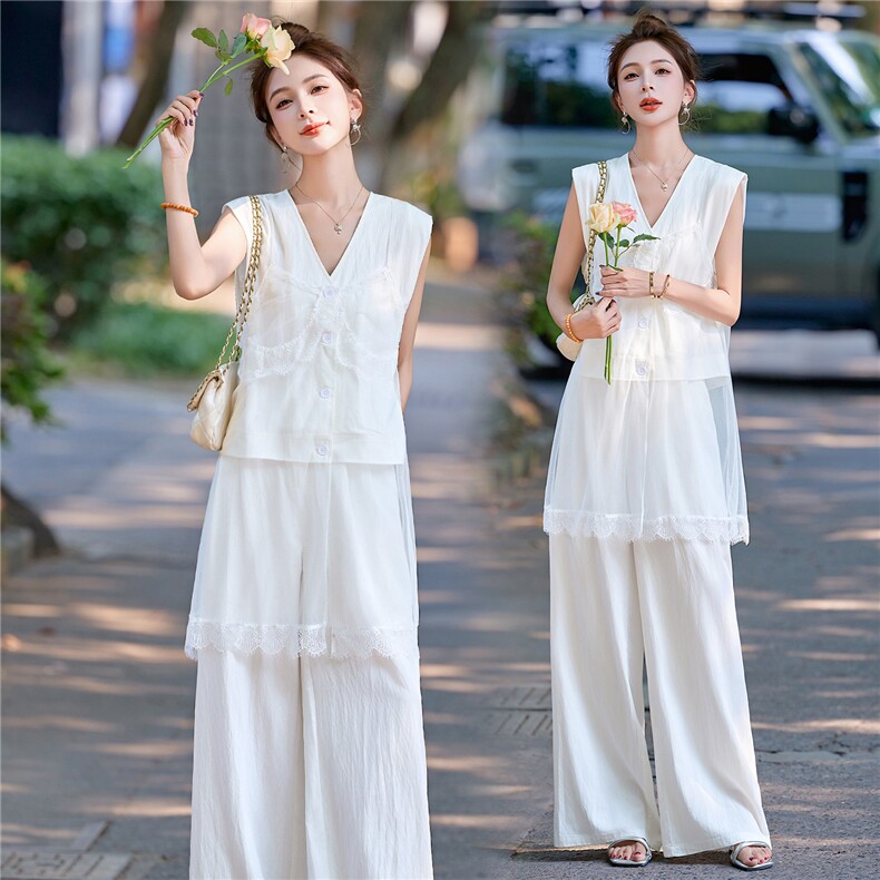 时尚气质套装女2025夏季新款设计感网纱拼接V领马甲阔腿裤两件套图片