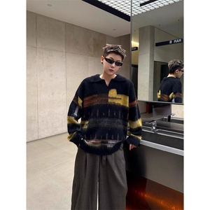 美式覆古chic撞色翻领针织衫男女秋季宽松MY9576-P60图片