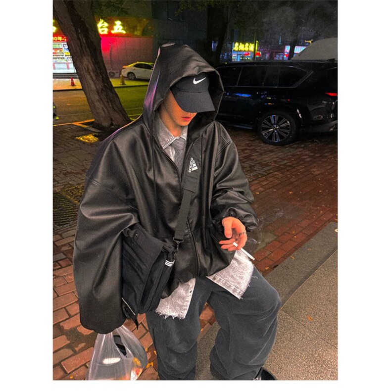 【有货】DWB933-P73短宽廓形连帽皮衣外套微光泽感环保PU防风衣,男装皮衣,星座603-2