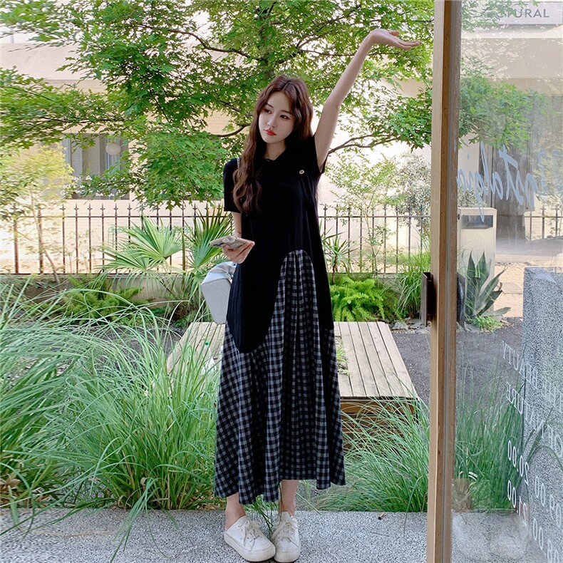 不规则黑色T恤格子半身裙套装女夏流行超火ootd减龄俏皮两件套潮,女装套装/套裙,2C032