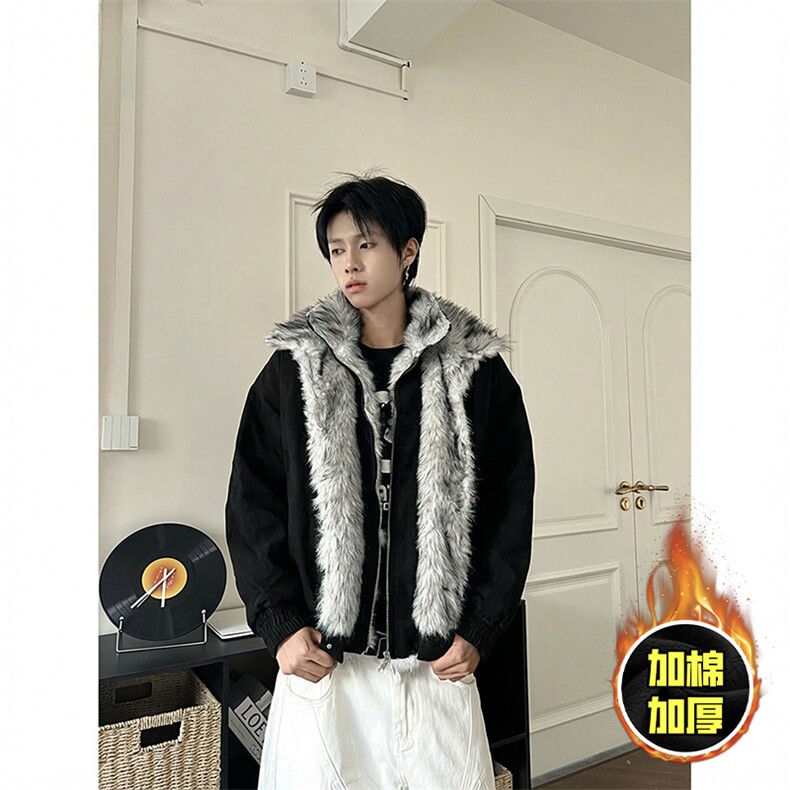 现货高品质美式高街重磅狼王座山雕毛毛领假两件棉衣加厚棉服外套，男装棉衣，电商A486-1