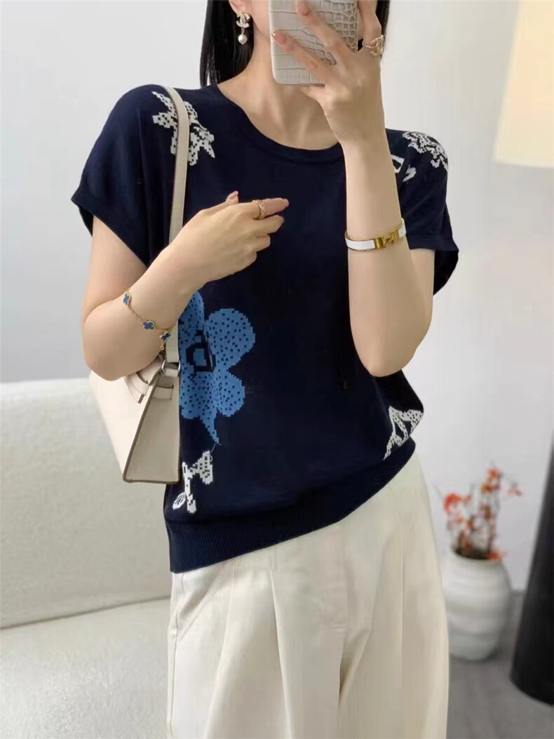 莱赛尔圆领提花短袖，女装针织衫/毛衣，天佑贝依