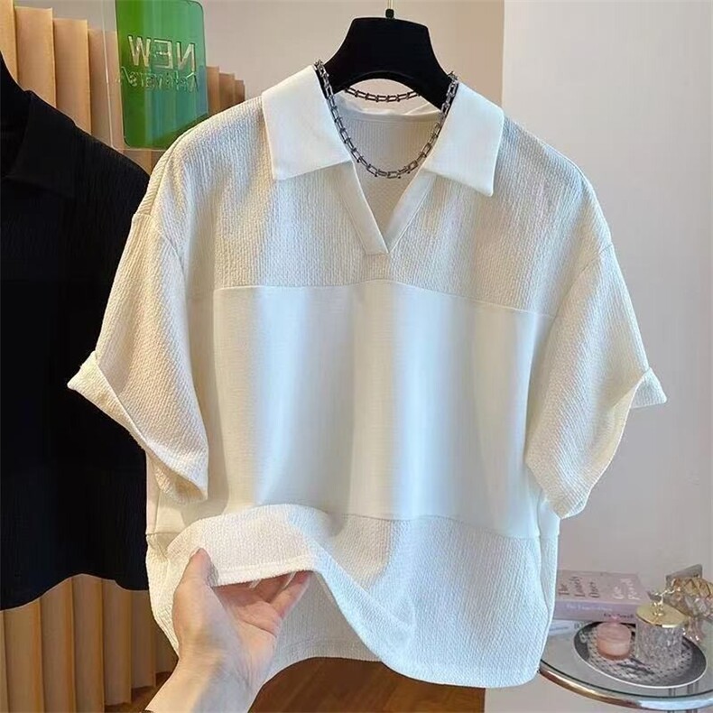 大码300斤韩版肌理感拼接V领POLO衫上衣男女夏季宽松休闲短袖T恤图片
