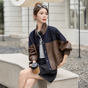 海宁皮衣牛仔拼接立领外套女2025秋新款宽松休闲百搭时尚夹克上衣图片