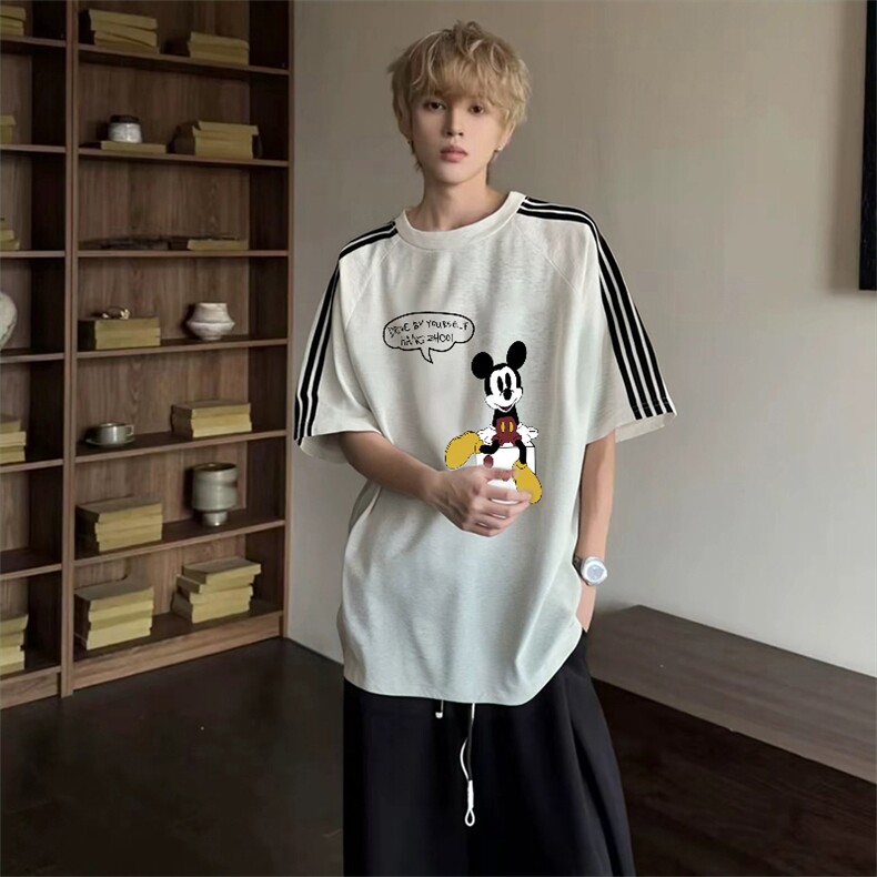 抖音得物品质二开240克宽松纯棉美式潮牌印花三条杠中性风短袖T恤,男装T恤,电商A486-1