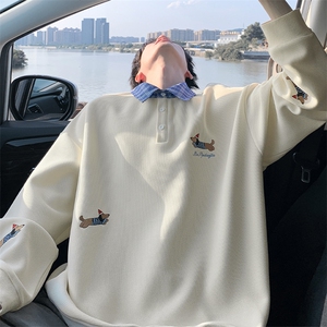 特批P38无差价港风华夫格假两件格子Polo领刺绣腊肠狗卫衣男W5380图片