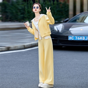 蕾丝连帽休闲运动套装女春秋2024新款小个子穿搭卫衣阔腿裤两件套图片