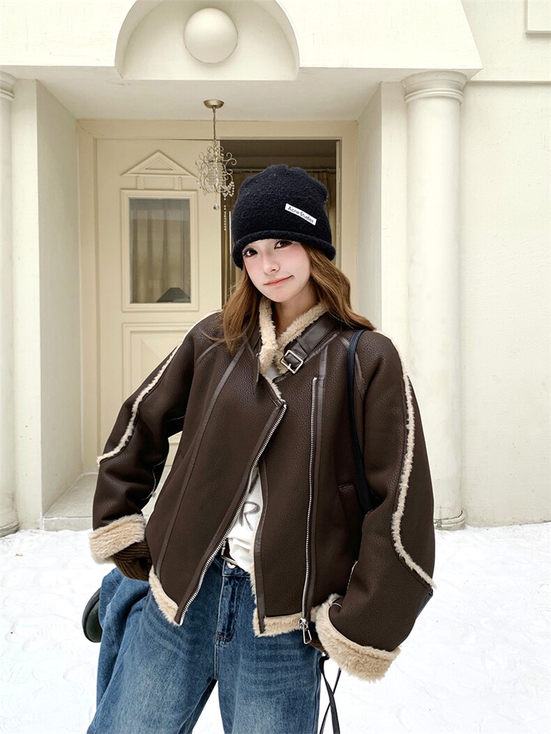 【现货】冬季新款PU皮复合羊羔毛加厚机车风外套2563款P210-K288,女装羊羔毛/颗粒绒,浙宝301