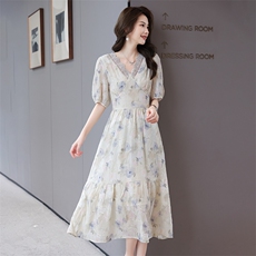 法式气质连衣裙女中长款2025夏季新款时尚高级感遮肚子立体织花裙，女装连衣裙，时尚俏佳人
