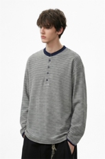 春季休闲长袖T恤撞色细条纹美式半开亨利领男女C61328-TP3569，男装T恤，电商A102