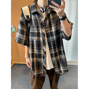 撞色格子短袖衬衫男夏季薄款美式复古学院风潮流百搭宽松半袖衬衣图片