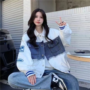 美式复古撞色拼接牛仔棒球服春秋季新款宽松韩版学生百搭外套女潮图片