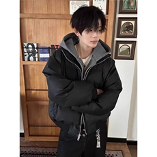 1506-1/MM60651/P104灰色假两件连帽棉服男拼接加厚保暖棉衣外套，男装棉衣，星座1506-1