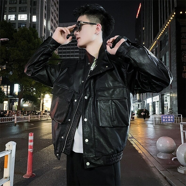 网络图现货美式复古痞帅机车立领工装皮夹克外套JA204-P78,男装夹克,星座715-7