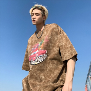 潮流水洗复古做旧短袖宽松卡通汽车印花T恤JK23273-p45-控58图片