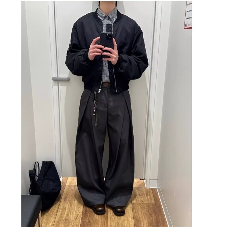 简约高级感通勤黑色弯刀西裤男女美式复古工装垂坠阔腿休闲职业裤图片