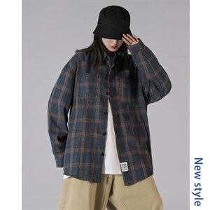 2021秋季新中性风蒙马特港风休闲大码男日系格子衬衫C508-P40图片