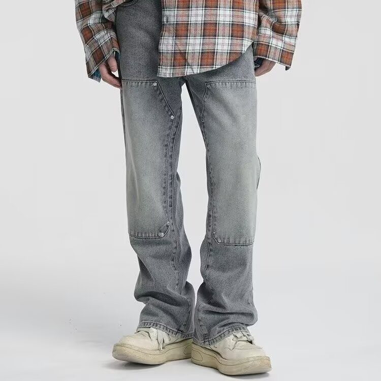 美式高街复古拼接直筒工装牛仔裤宽松2025新款水洗痞帅伐木裤子,男装牛仔裤,星座506A