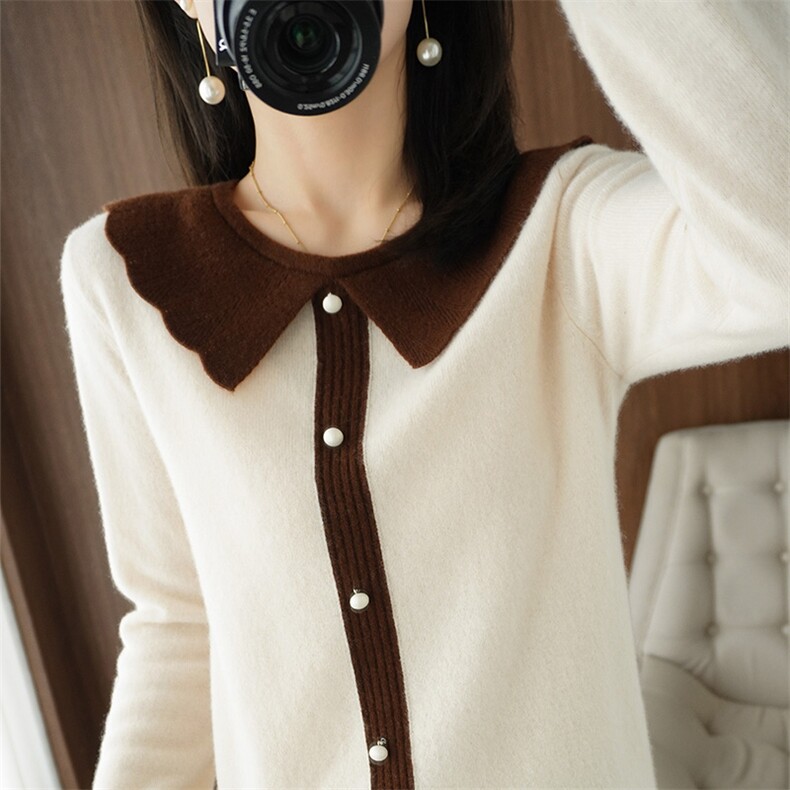 秋冬新款甜美娃娃领羊毛衫女珍珠扣拼色套头毛衣针织衫，女装羊毛衫，秋虹羊绒