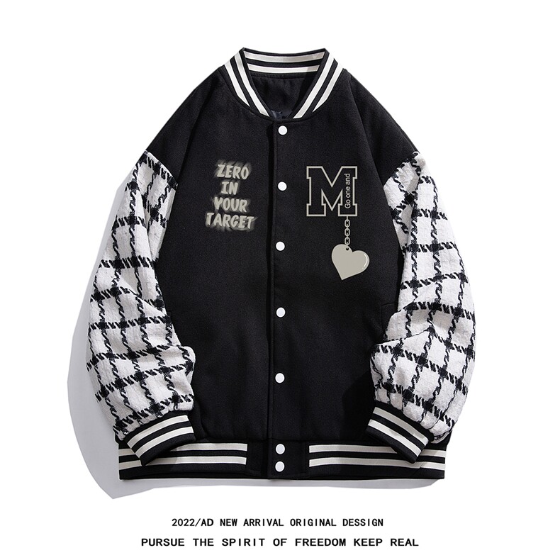 白底22秋冬新款模糊字母印花拼接棒球服情侣夹克外套G706P95控128,男装夹克,电商A247-1