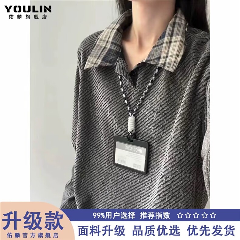 QC3266-P35秋季日系复古短款格纹半开领纽扣无帽卫衣男女潮牌,男装卫衣,电商B323A