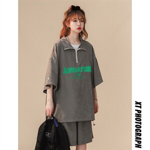 中性 夏季潮牌字母印花上衣运动休闲宽松情侣套装 TZ753-P75 控98图片