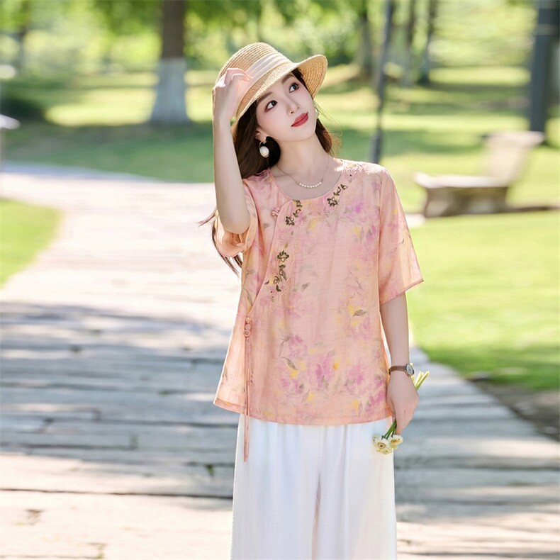 时尚洋气刺绣印花套装女2026夏季新款宽松遮肉显瘦阔腿裤两件套,女装套装/套裙,魅影