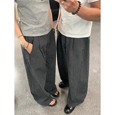 夏季格纹TR混纺立体剪裁A字版型双褶阔腿休闲可调节腰头通勤长裤，男装休闲裤，星座506A