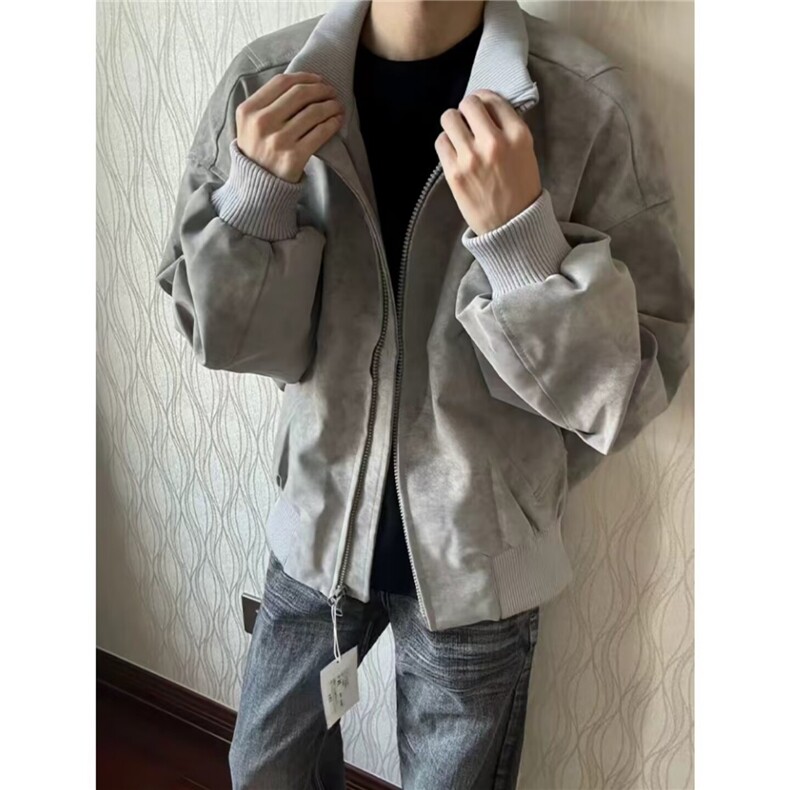 春秋男女情侣款宽松长袖立领浅灰外套大码上衣百搭休闲款毛圈棉女，女装短外套，星座506A