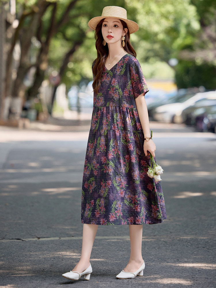 时尚洋气印花棉麻连衣裙女2025夏季新款宽松显瘦减龄休闲气质裙子,女装连衣裙,依万里