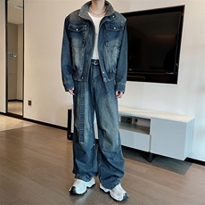 秋季新款美式复古工装牛仔夹克牛仔裤套装男潮TZ332上衣130裤子88，男装休闲套装，电商B267