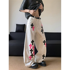 XZ-221-5/K1781/P62美式复古刺绣贴皮十字架白色牛仔裤，男装皮裤，星座221-5