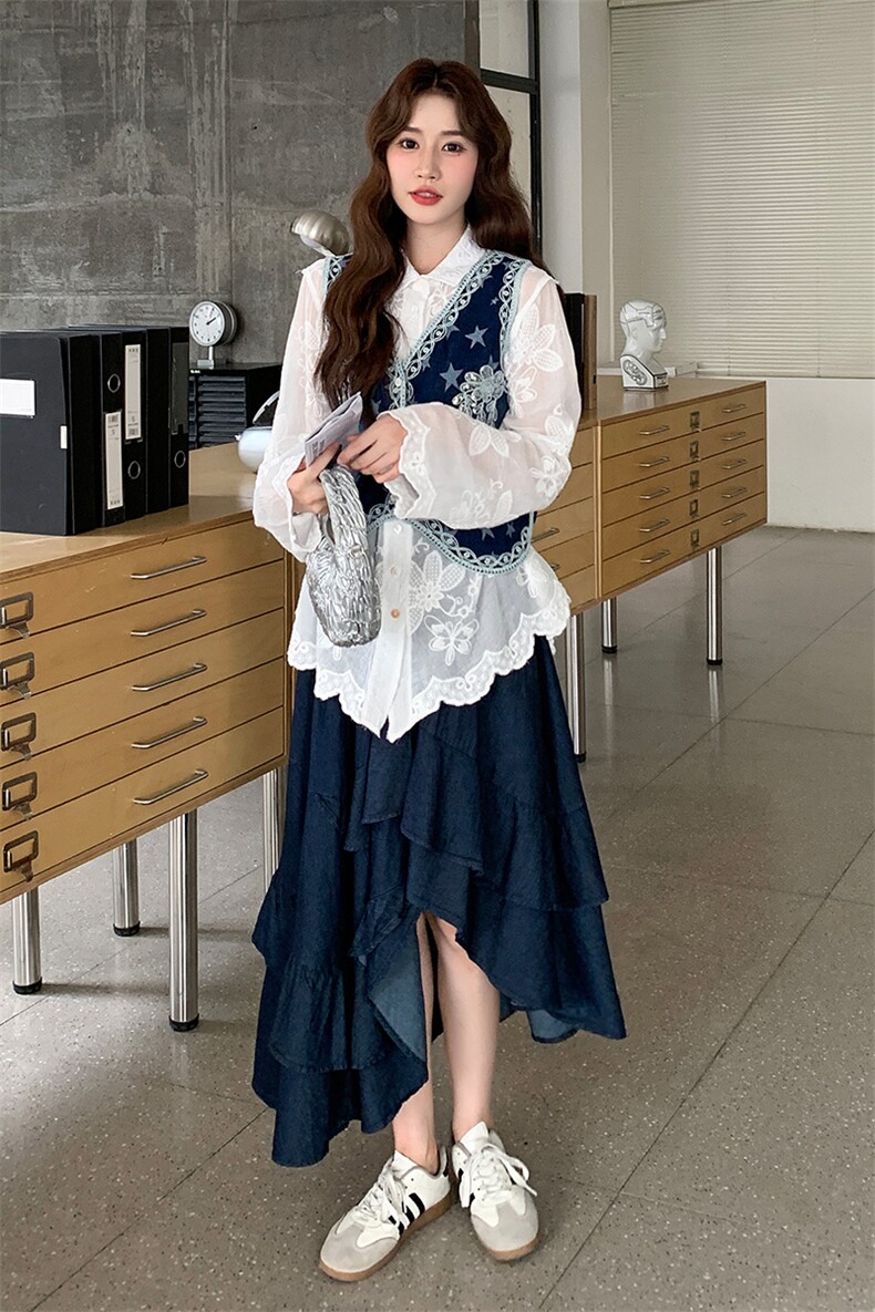 民族风刺绣牛仔马甲套装女2025年春秋季新款上衣半身裙时尚三件套,女装套装/套裙,2C169